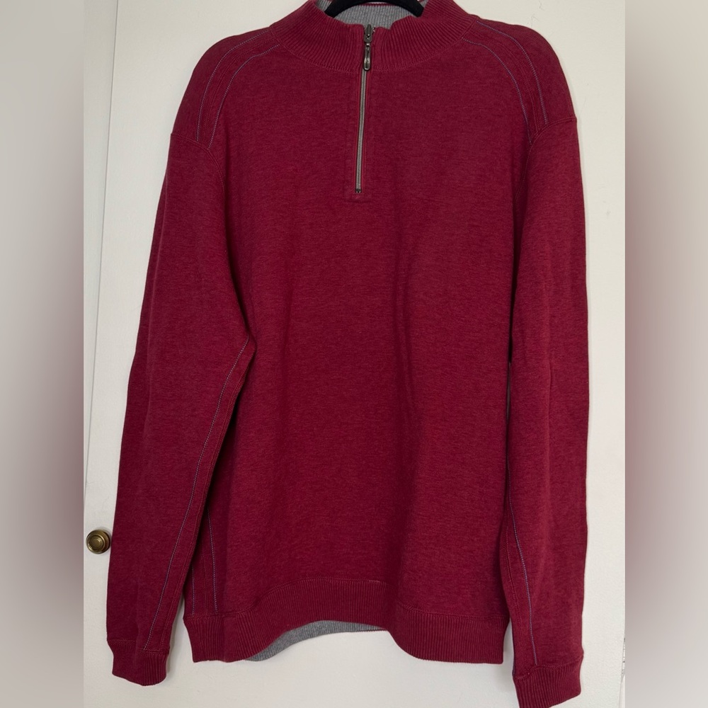Tommy Bahama Sweater Men's XL Pullover Long Sleeve Mock Neck Red Gray 1/4 Zip